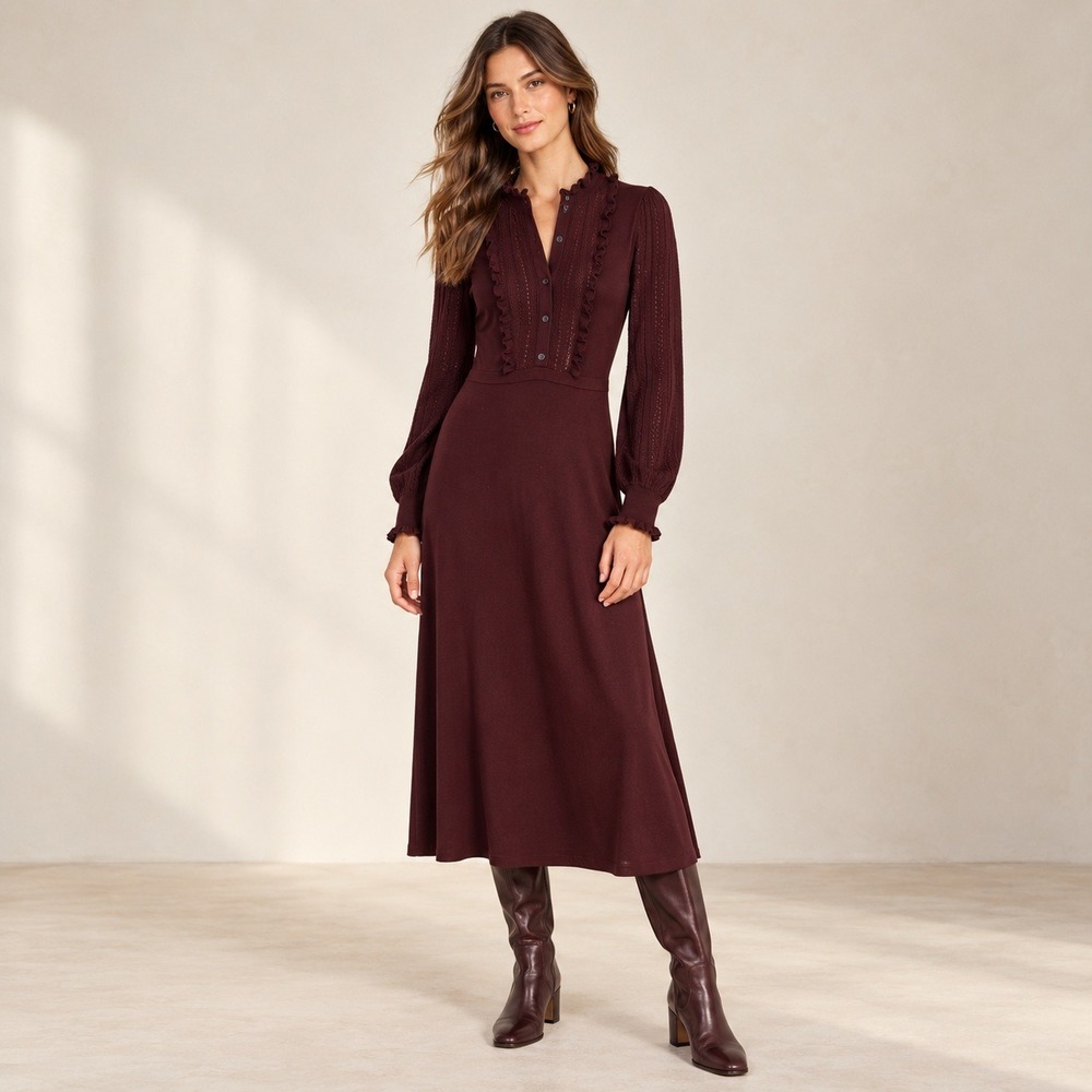Boden Winifred Knitted Dress Women 2 Burgundy Ruffle Pointelle Midi Modest Fall